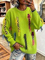 Round-neck Knit Sweater With Colorful Woven Tassels