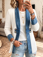 Sophisticated Ribbed Knit Cardigan with Denim Trim