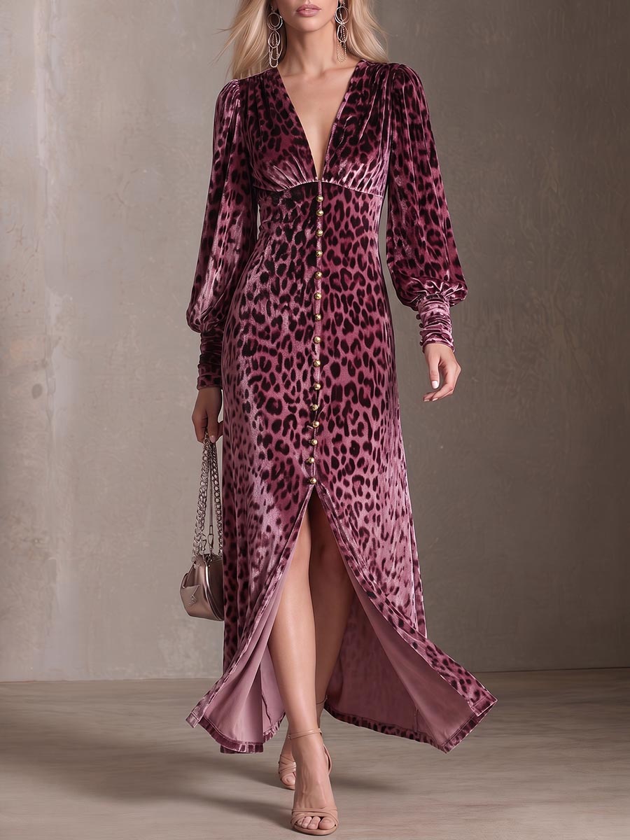 Women's Leopard Print V-neck Long Sleeve Casual Loose Velvet Dress