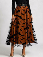 Polyester Women's High-waisted Casual Loose Halloween-themed Flocked Print Mesh A-line Skirt