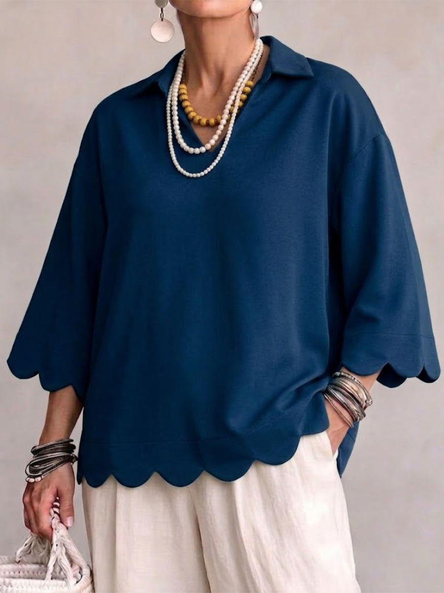 Scallop‑trim Lapel Collar 3/4 Sleeve Relaxed Top