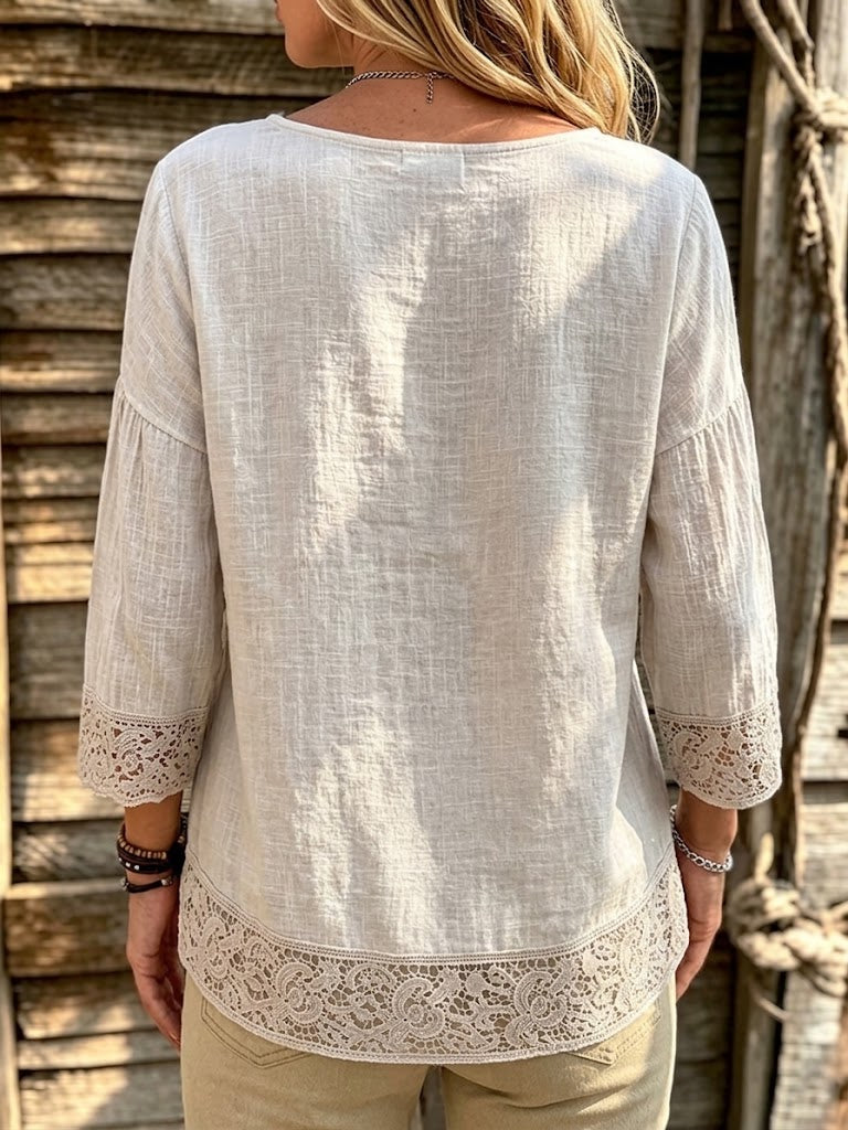 Loose-fit Casual Cotton-linen Top With Lace Paneling
