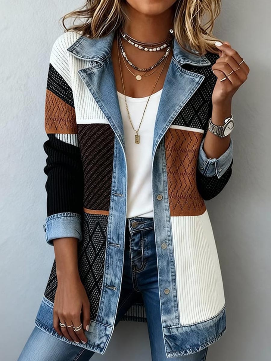 Women's Denim Collared Long-sleeved Printed Patchwork Casual Loose-fitting Jacket