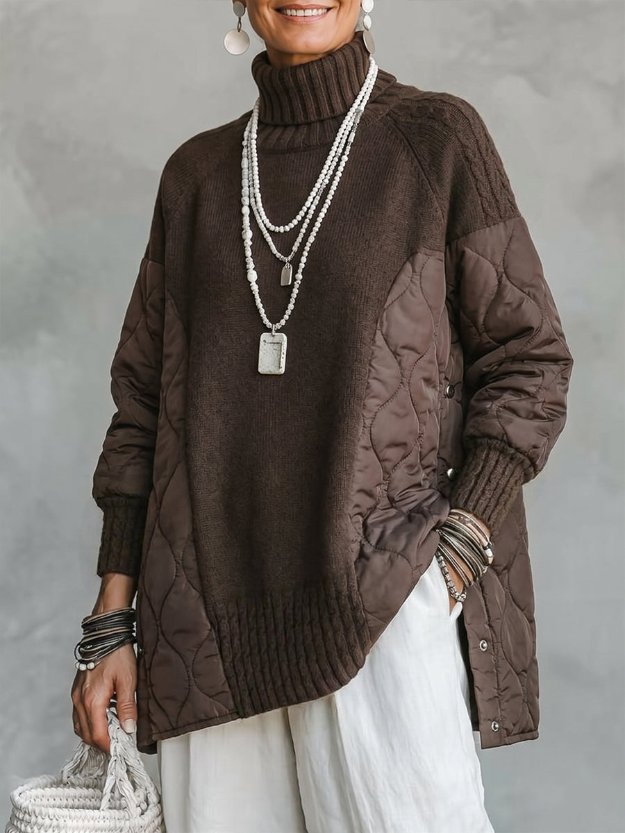 Cozy Turtleneck Quilted-Panel Knit Pullover