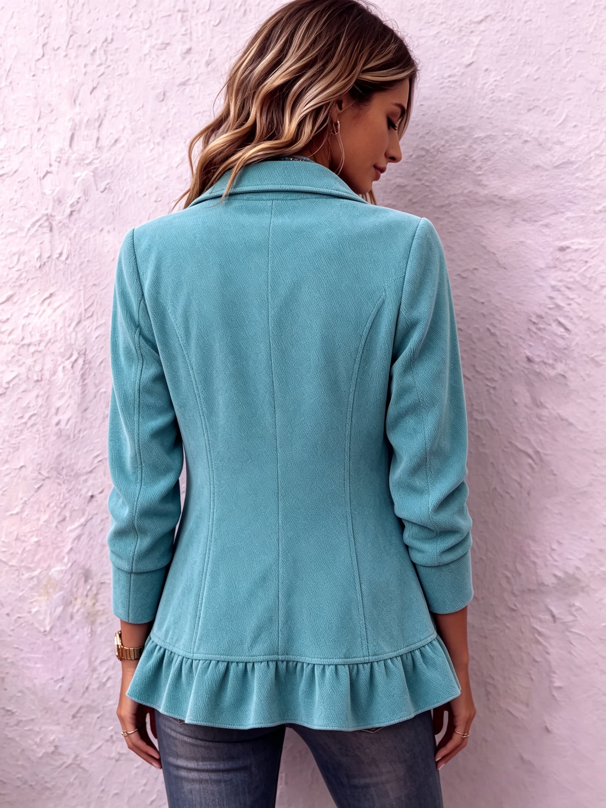 Western-chic Turquoise Ruffled Cotton Jacket
