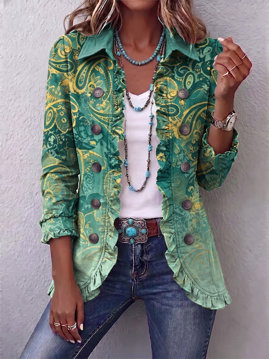 Bohemian-style Vintage Paisley Print Ruffled Jacket
