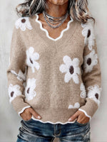 Cozy Floral Knit Scalloped V-Neck Sweater
