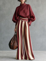 Stylish Casual Two-piece Set Featuring A Linen-cotton Blend Top And Striped Wide-leg Trousers.