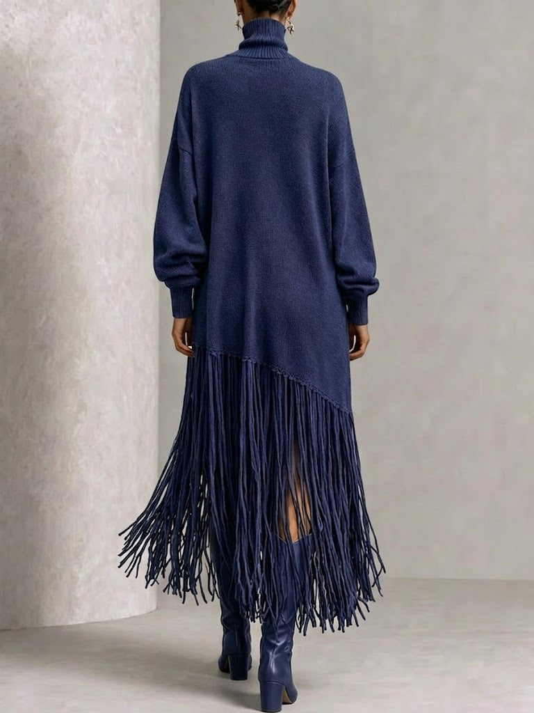 Turtleneck Diagonal Fringe Oversized Knit Midi Dress