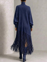 Turtleneck Diagonal Fringe Oversized Knit Midi Dress