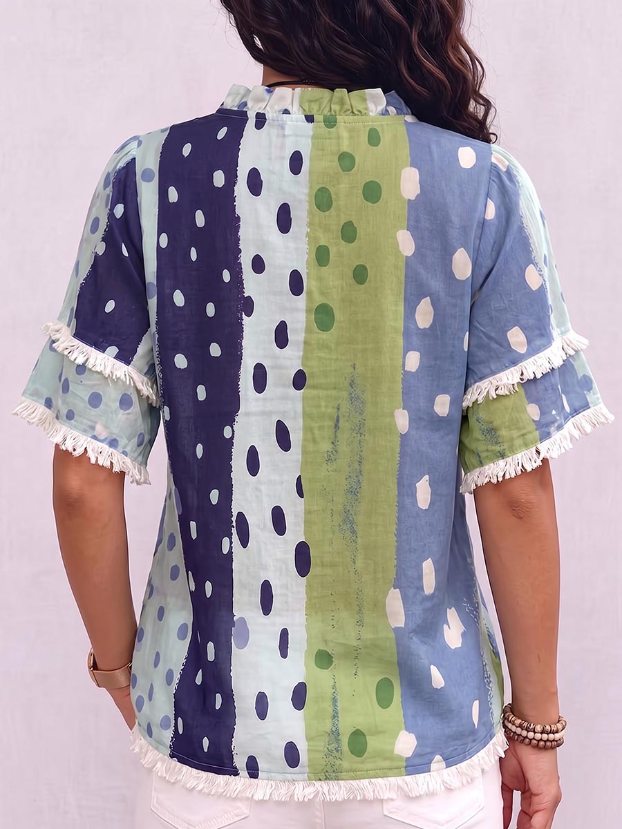 Women's Geometric Print Ruffled V-neck Short-sleeved Casual Loose Cotton Linen Cardigan