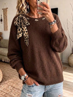 Chic Leopard-print Bow-accented Loose-fit Knit Top