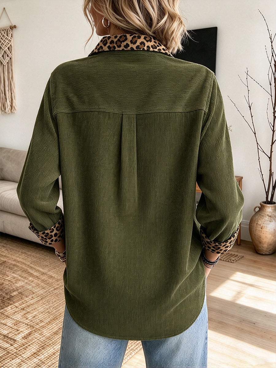 Casual Corduroy And Leopard-print Patchwork Shirt