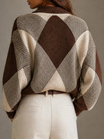 Chic Quilted-pattern Polo-collar Knit Top