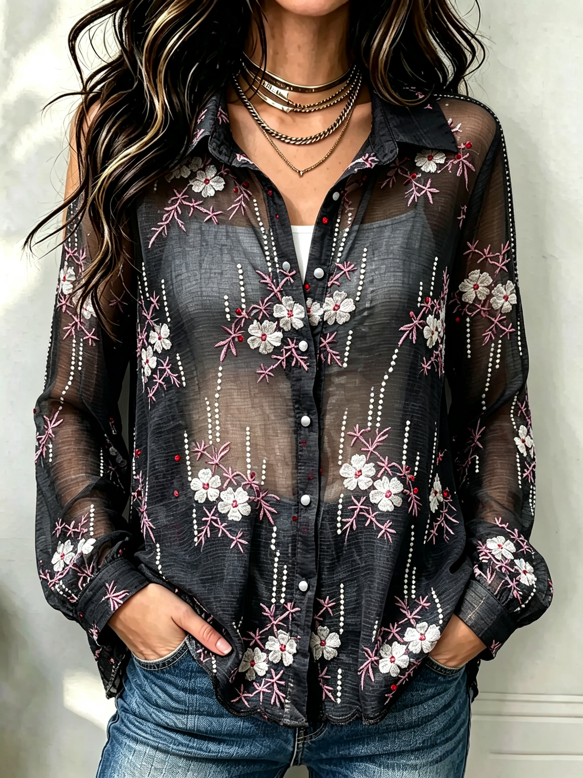 Women's Floral Embroidered Sheer Shirt