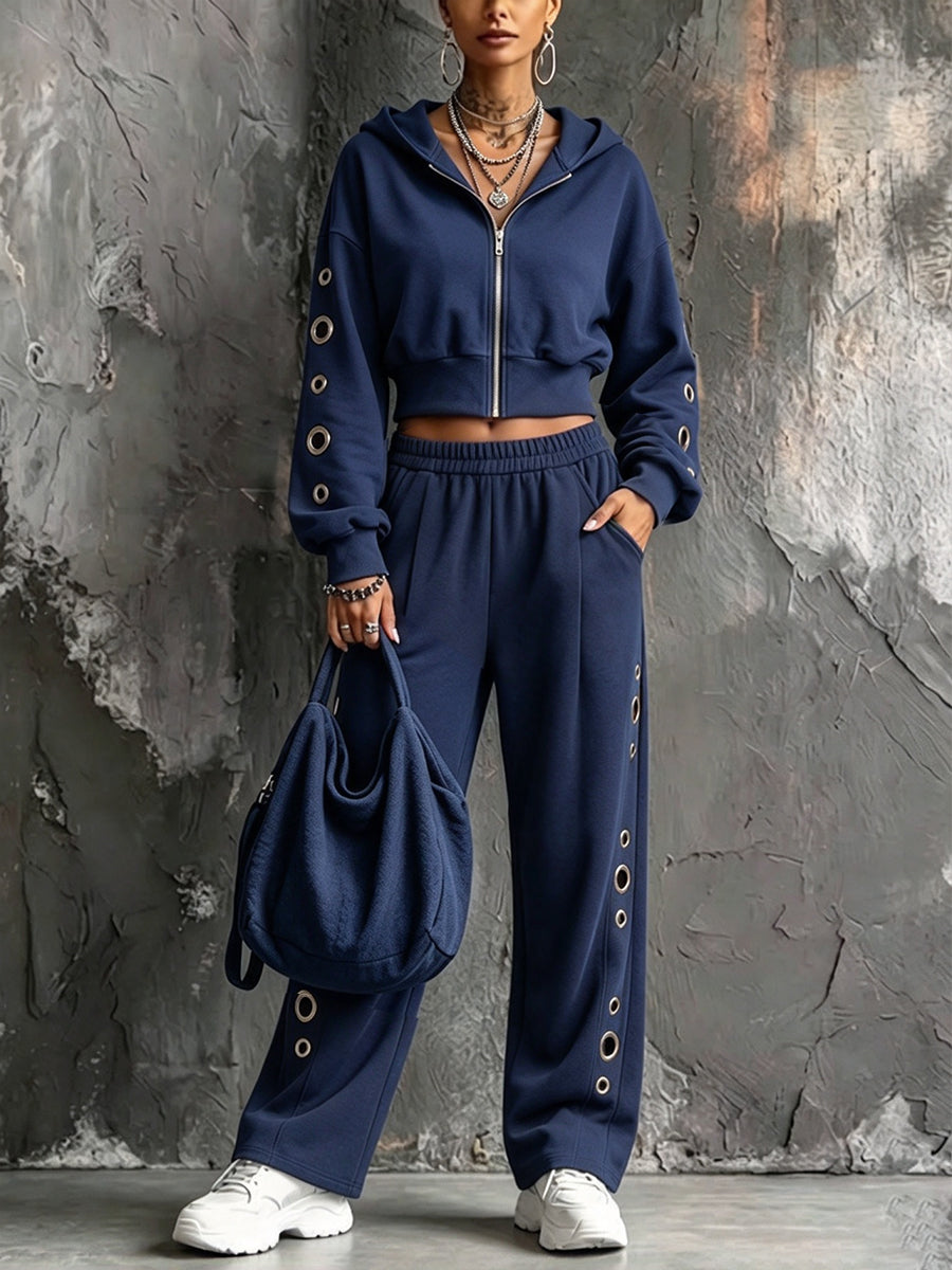 Casual Hooded Sweatshirt With Metal Eyelet Details