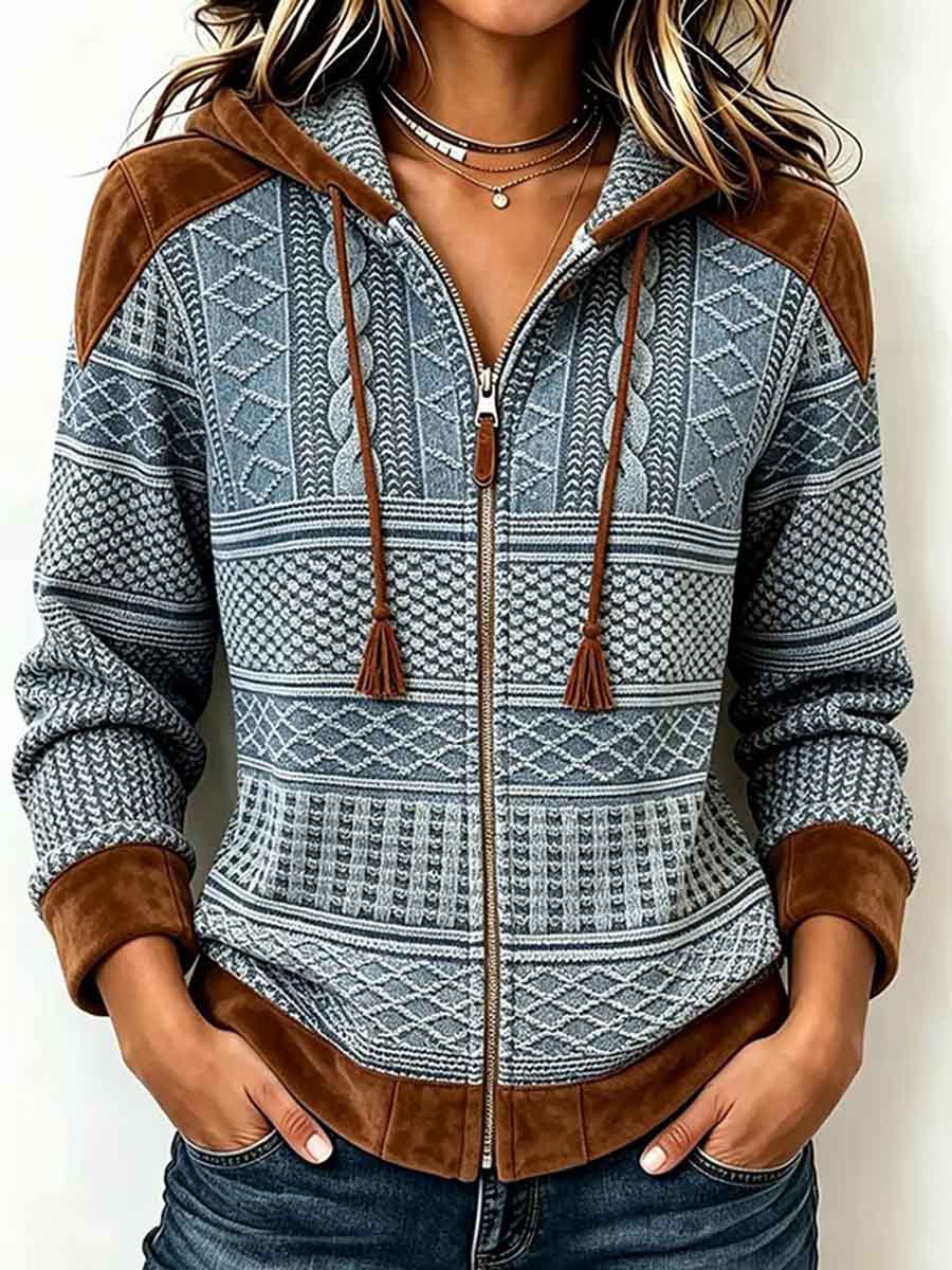 Women's V-neck Long-sleeve Casual Loose-fit Hooded Cardigan With Mixed Geometric Prints And Panel Detailing