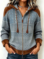 Women's V-neck Long-sleeve Casual Loose-fit Hooded Cardigan With Mixed Geometric Prints And Panel Detailing