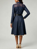 Elegant And Refined Patchwork Denim Dress With Lace And Button Details.