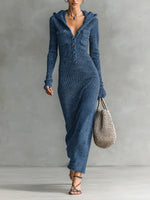 Cozy, Casual Ribbed Cotton-blend Knit Maxi Dress With A Hood And Henley Neckline.