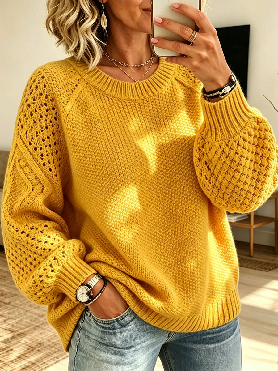 Cozy Hollow-out Cable-knit Crew-neck Sweater