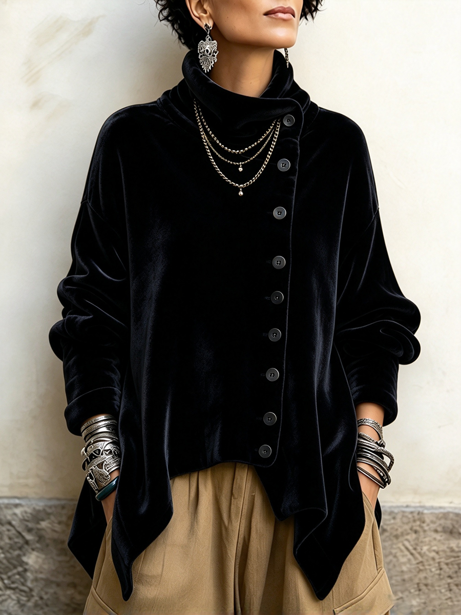 Chic Velvet Asymmetric Button Turtleneck Top