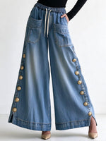 Women's Wide Leg Drawstring Denim Pants With Side Buttons