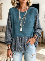 Casual Stylish Blue Floral Patchwork Cable-knit Top