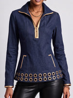 Women's Collared Long-sleeved Casual Loose Round Metal Cutout Denim Pullover Top