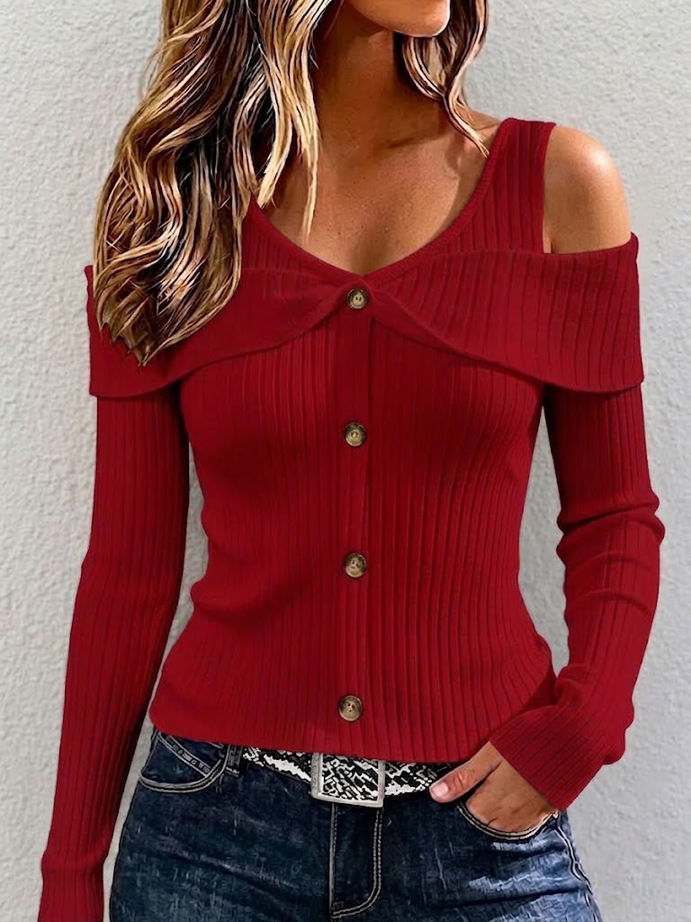 Off-shoulder Twist-front V-neck Single-breasted Ribbed Long-sleeve Top