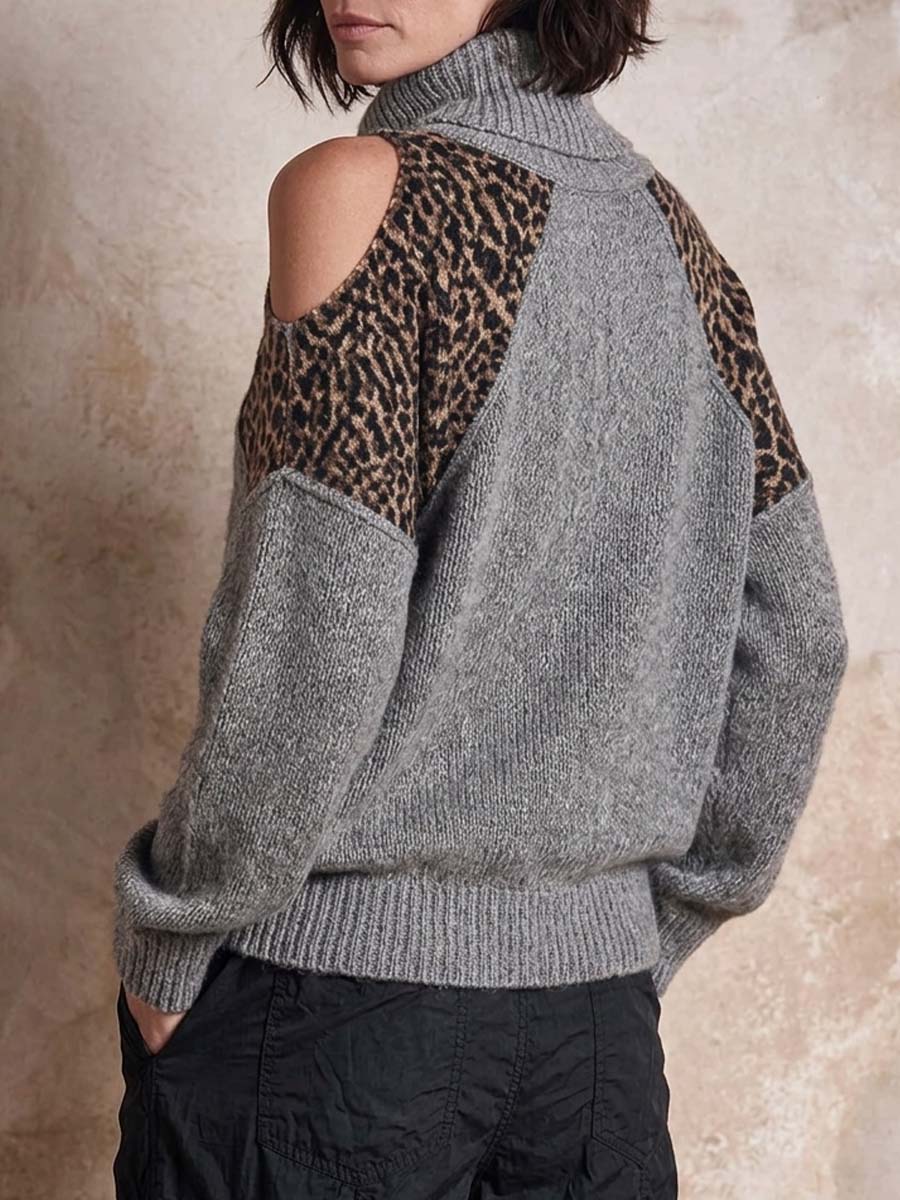 Women's Stand Collar Leopard Print Patchwork Long Sleeve Casual Loose Knit Top