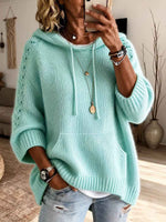 Women's Solid Color V-neck Hollow-out Long Sleeve Casual Loose Hooded Knitted Pullover