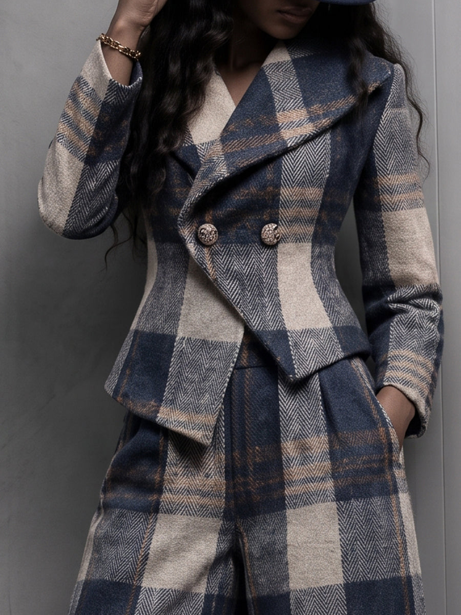 Sophisticated Plaid Cured-Hem Wide-Leg Trousers