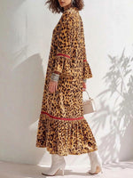 Women's Stand-collar Long-sleeve Loose-fit Leopard Print Velour Dress