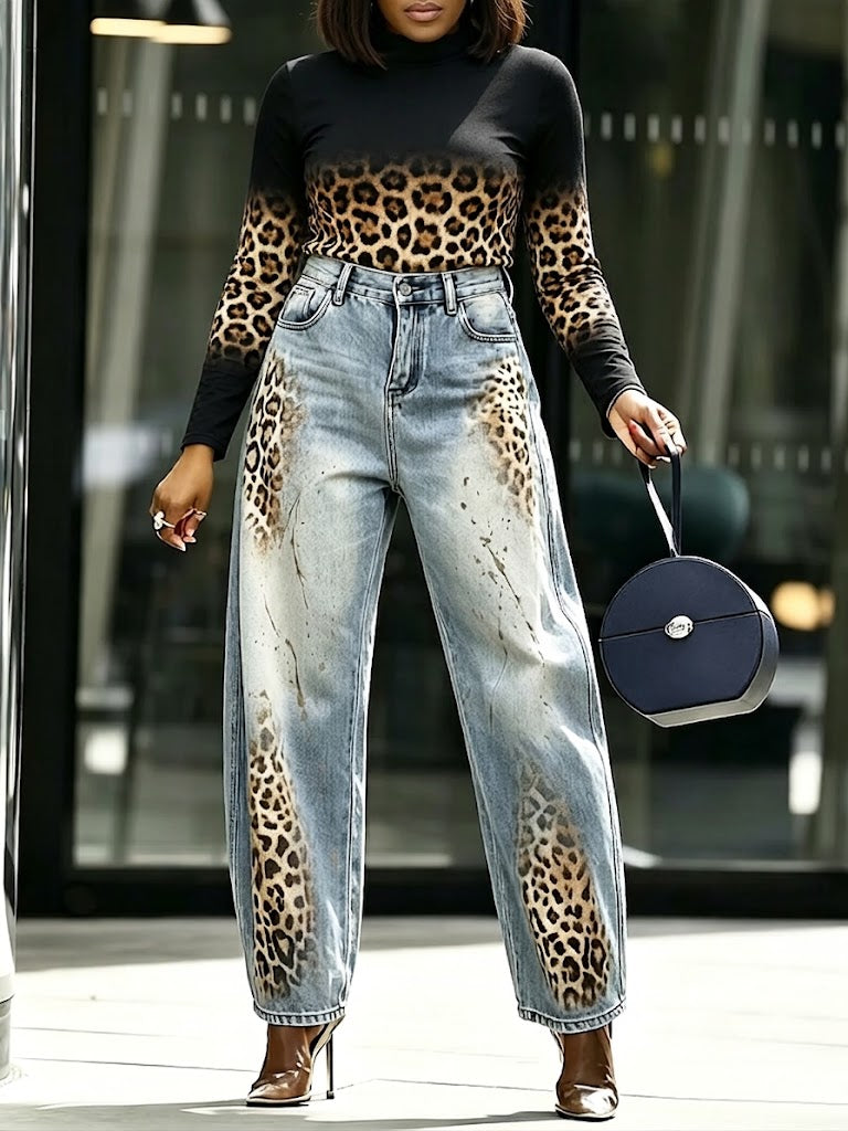 Casual And Cozy Gradient Leopard-print High-neck Knit Top