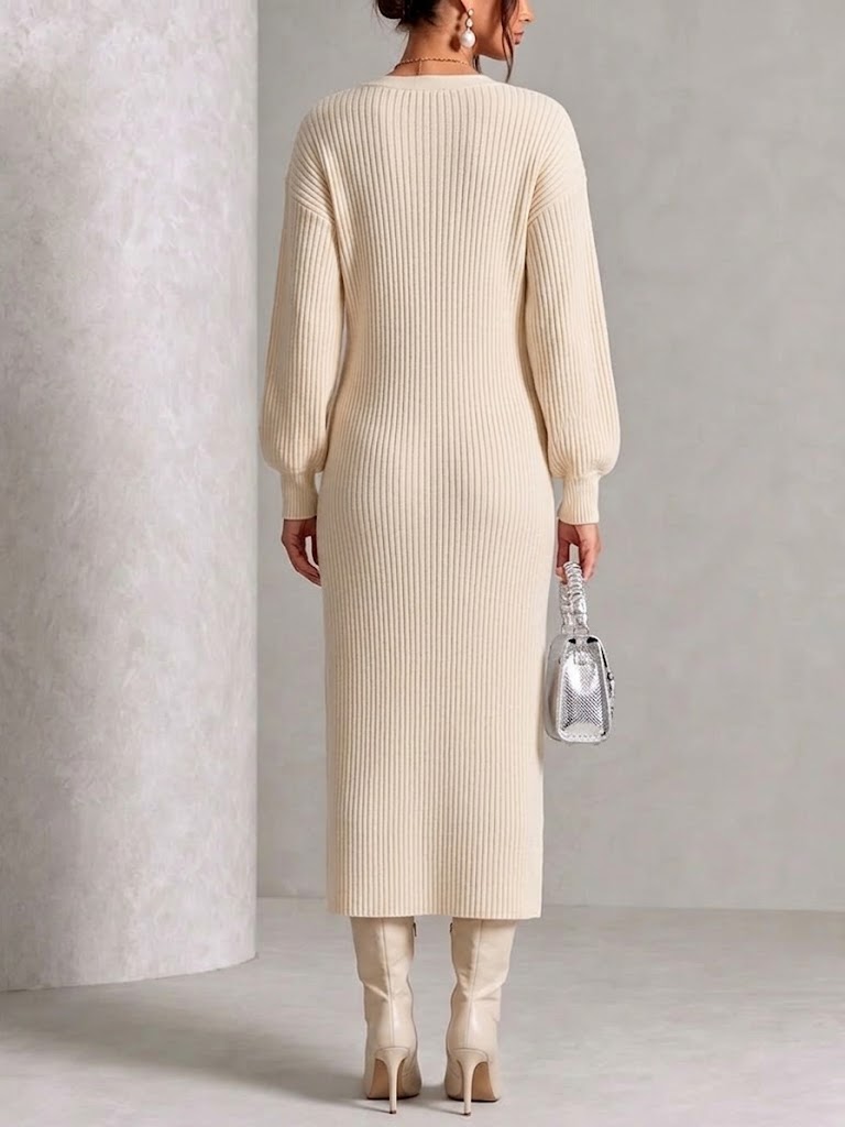 V‑neck Side Gold‑button Slit Knit Midi Dress