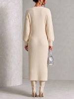 V‑neck Side Gold‑button Slit Knit Midi Dress