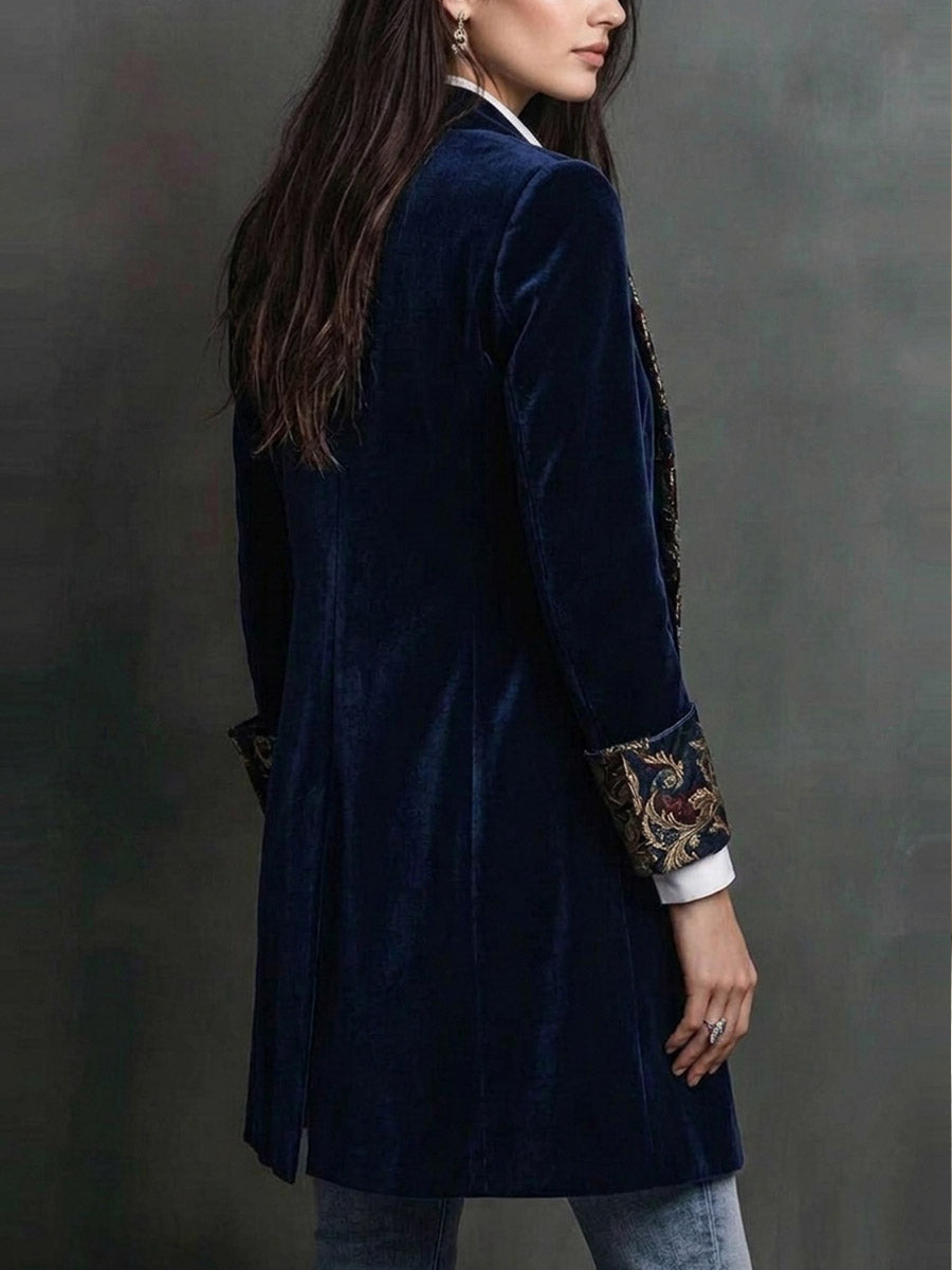 French-inspired, Vintage, Court-style Navy Velvet Mid-length Blazer With Ornate Floral Digital Prints
