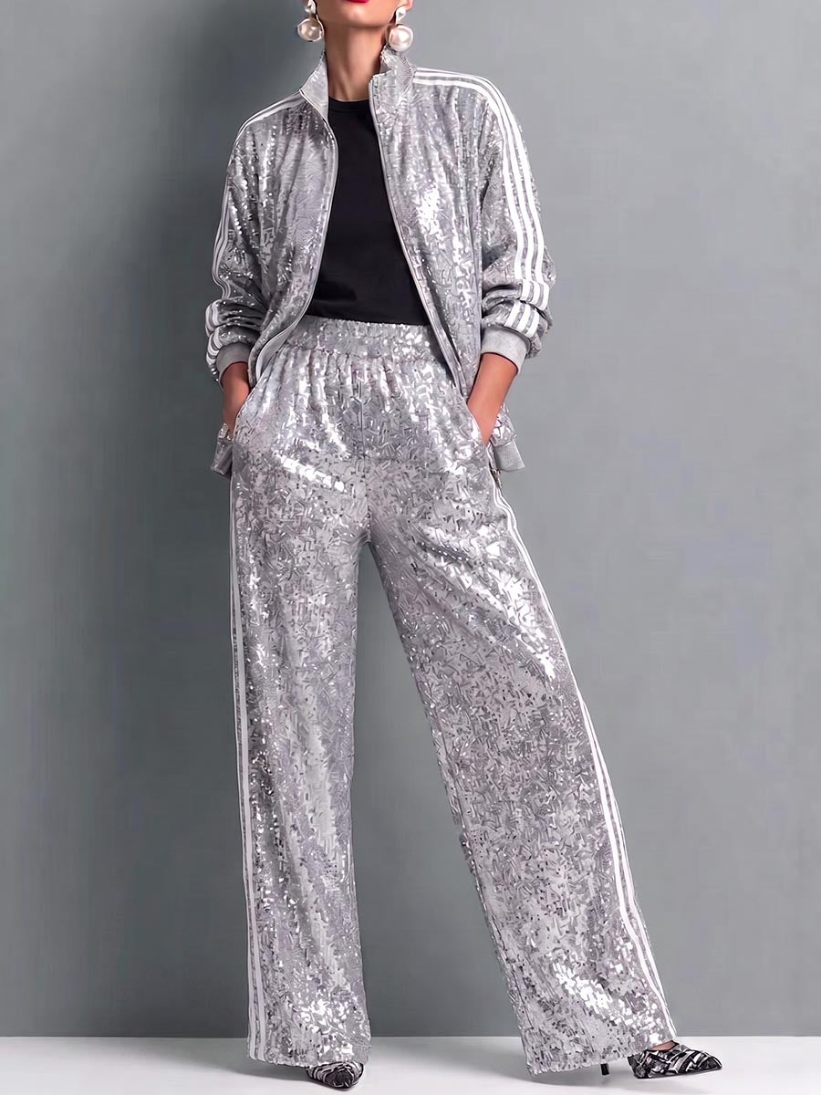 Women's Stand Collar Long Sleeve Casual Loose Color-blocked Sequined Cardigan High Waist Casual Wide Leg Pants Set