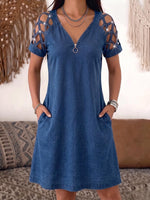Women's V-neck Hollowed-out Short-sleeved Casual Loose Denim Dress