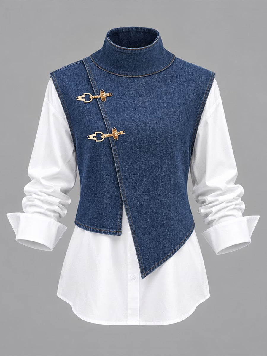 Chic Denim Vest And White Shirt Two-piece Set