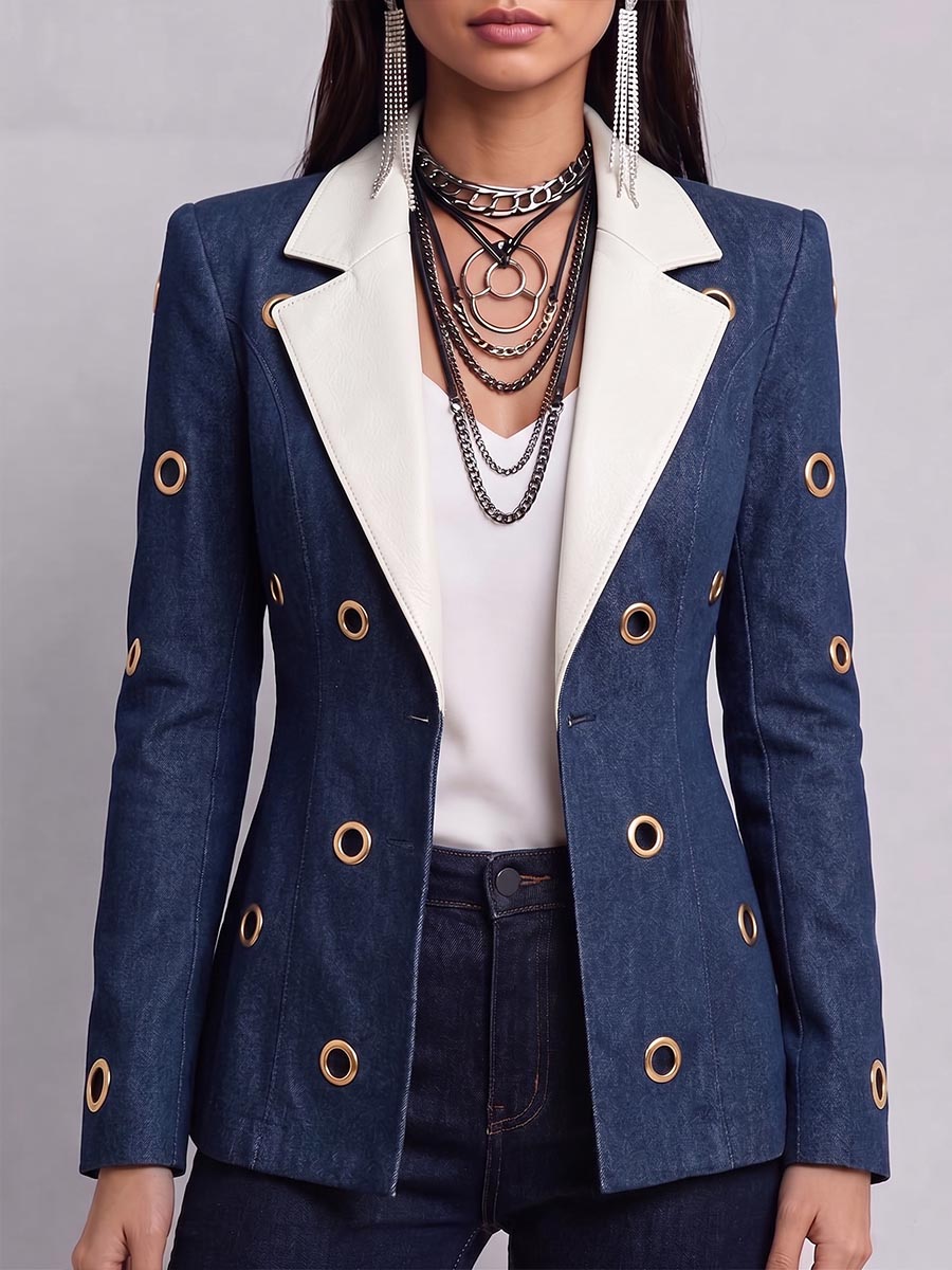 Women's Color-blocked Lapel Long-sleeved Casual Loose Denim Jacket