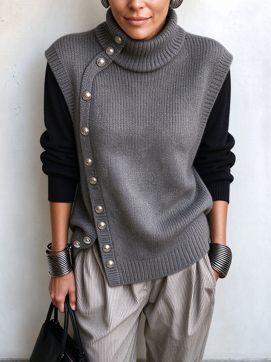 Chic Asymmetric Side-button Turtleneck Cozy Knit Vest