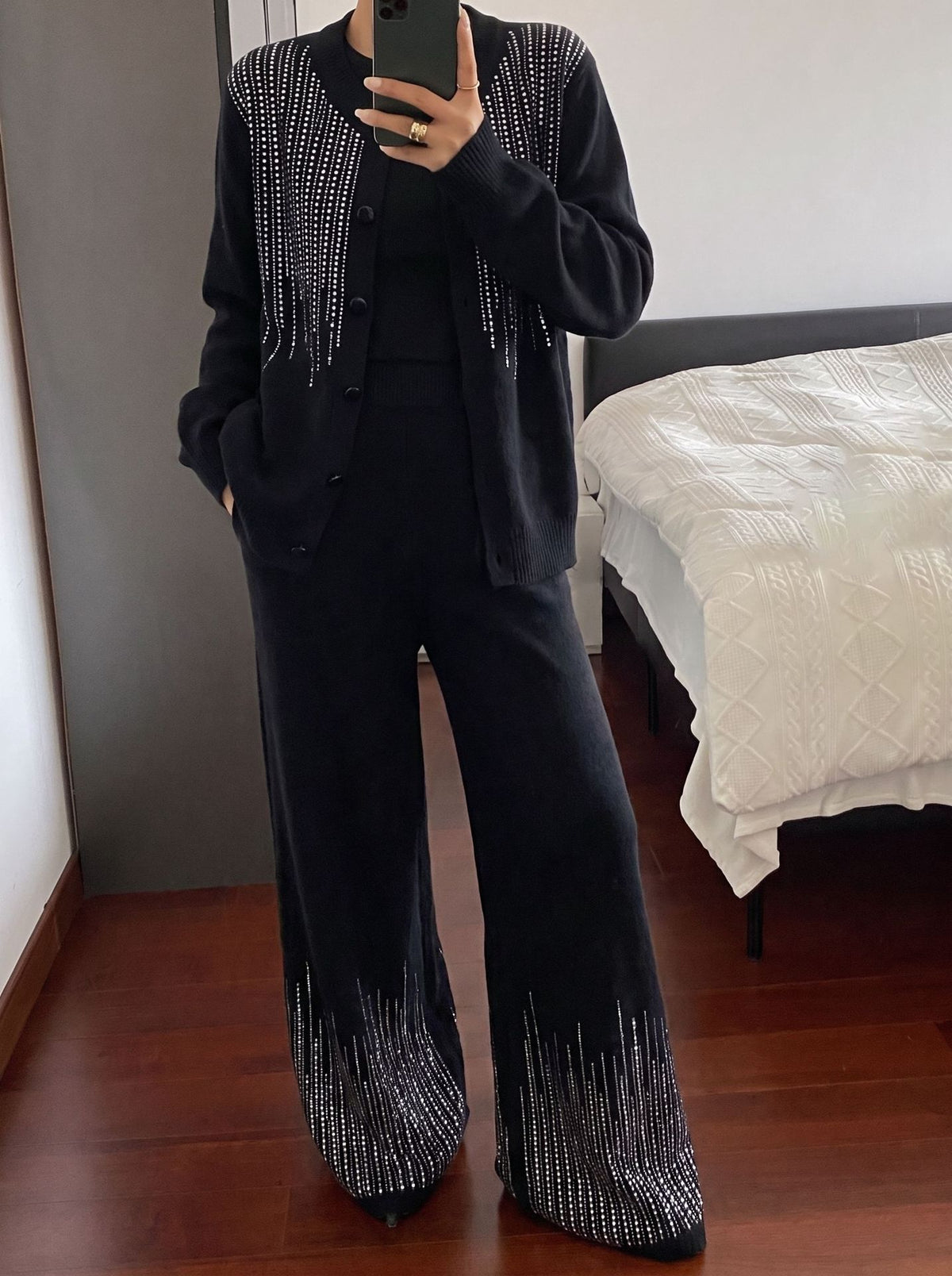 Comfortable Rhinestone Embellished Knit Three-Piece Set
