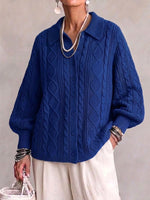 Cable-knit Single-breasted Loose Cardigan With A Fold-over Collar