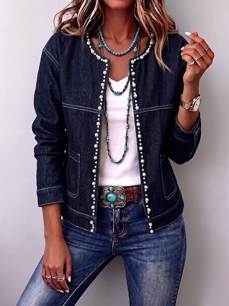 Bead-trimmed Round-neck Denim Jacket