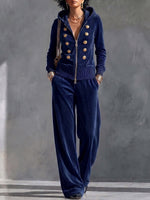 Women's Solid Color Collared Long-sleeved Casual Loose Hooded Top And High-waisted Wide-leg Pants Velvet Suit