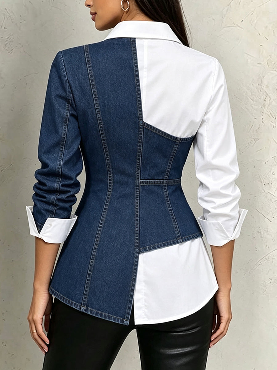 Chic Slim-fit Shirt Featuring A Mix Of Denim And Woven Fabrics.