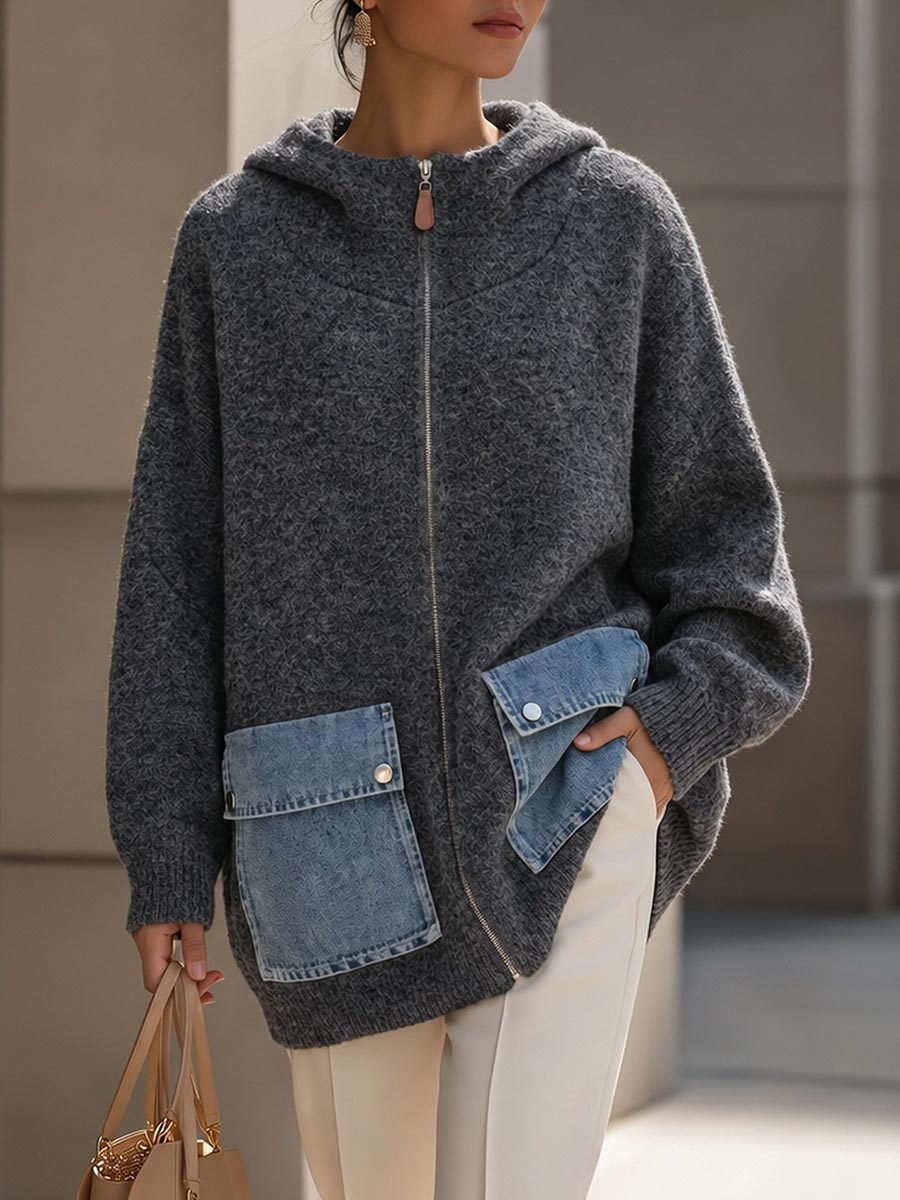 Women's Casual Zip-up Knit Hoodie Cardigan With Denim Patch Pockets
