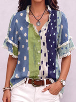 Women's Geometric Print Ruffled V-neck Short-sleeved Casual Loose Cotton Linen Cardigan
